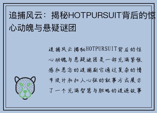 追捕风云：揭秘HOTPURSUIT背后的惊心动魄与悬疑谜团